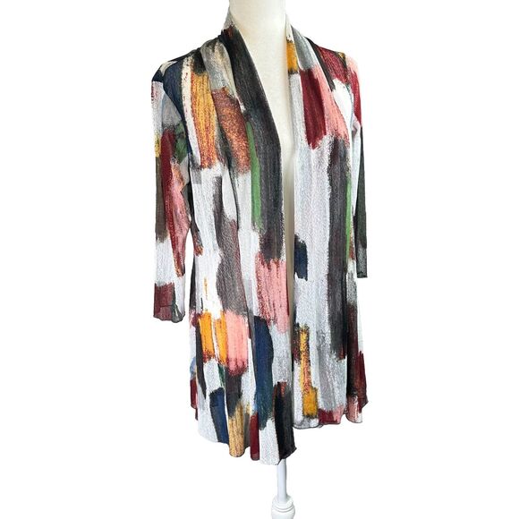 Ali Miles Black Red Geometric Artsy Abstract Shawl Neckline Cardigan Sheer Sz. S - Picture 4 of 14